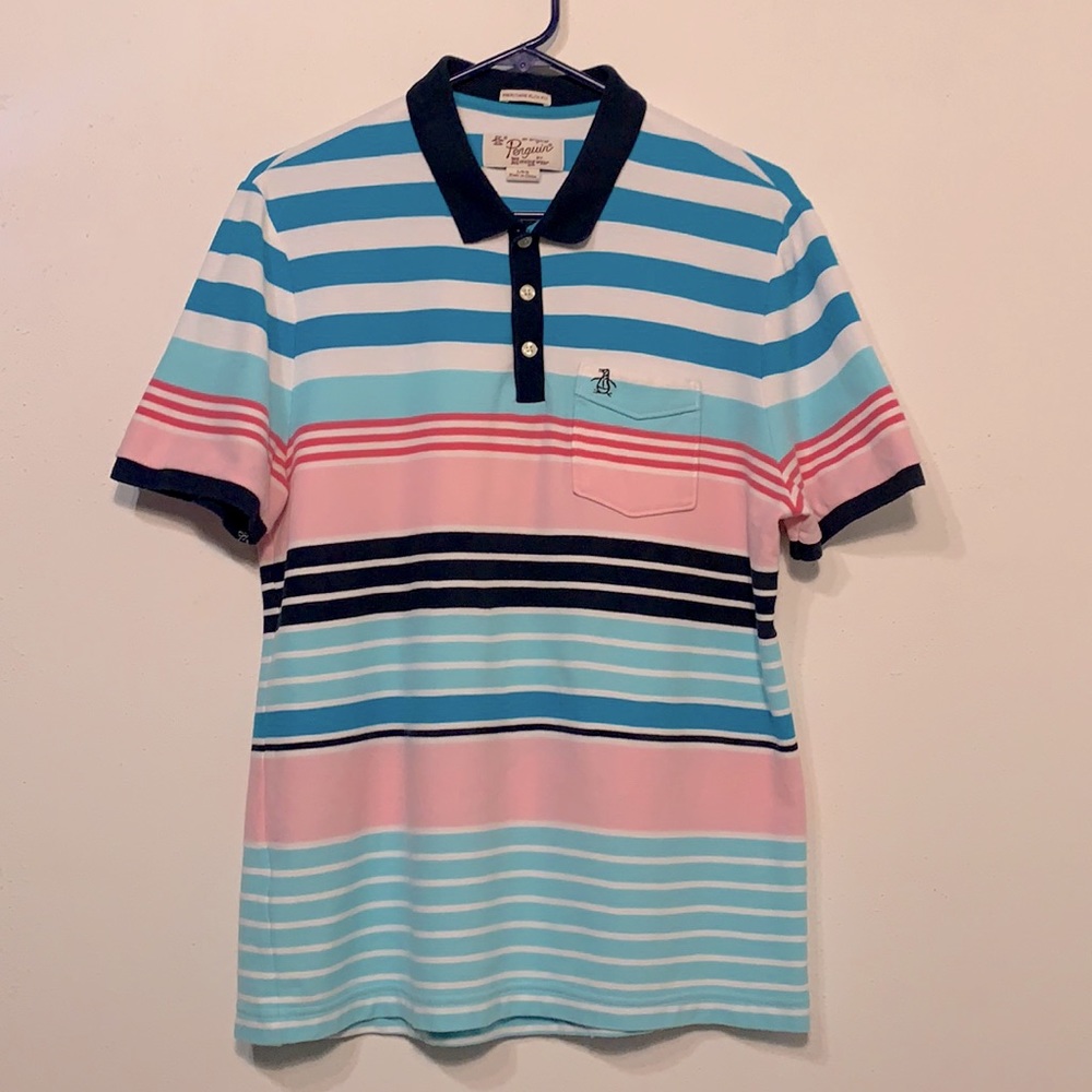 Penguin Blue/Pink Stripe 3-Button Polo with Breast Pocket